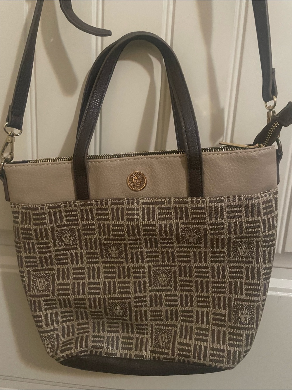 Anne Klein Beige and Brown Logo-Print Shoulder Bag